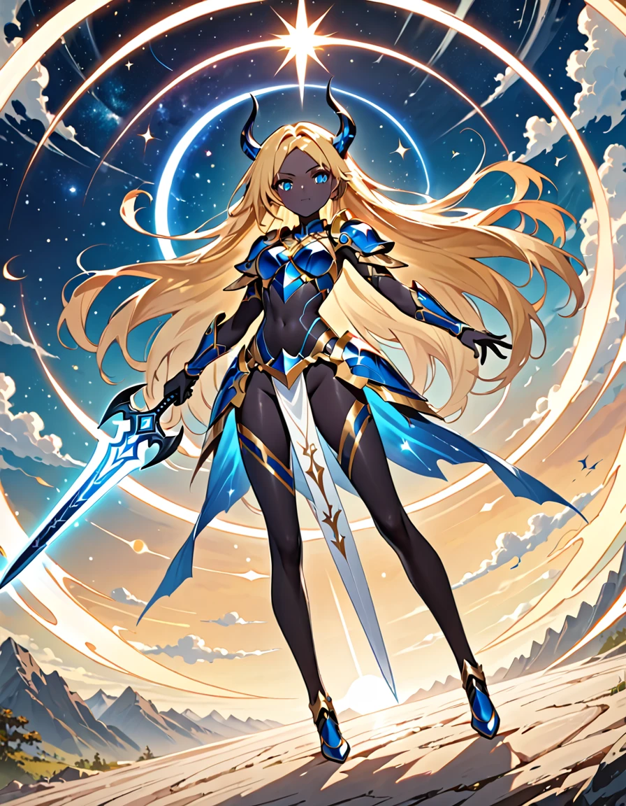 (((Masterpiece, best quality, 16k))) female character with long blonde hair and bright blue eyes. She wears a celestial armor in white, gold, and blue. wields a divine spear. The character has a determined expression, with a heavenly realm as the background. ((full body front view)). ((slender)), (extremely detailed:1.5), (long blonde hair:1.2), (bright blue eyes:1.2), (heavenly realm:1.1), (celestial armor:1.3), (divine spear:1.3), (devil:1.3), (pure black skin:1.3), (dynamic angle:1.2).
