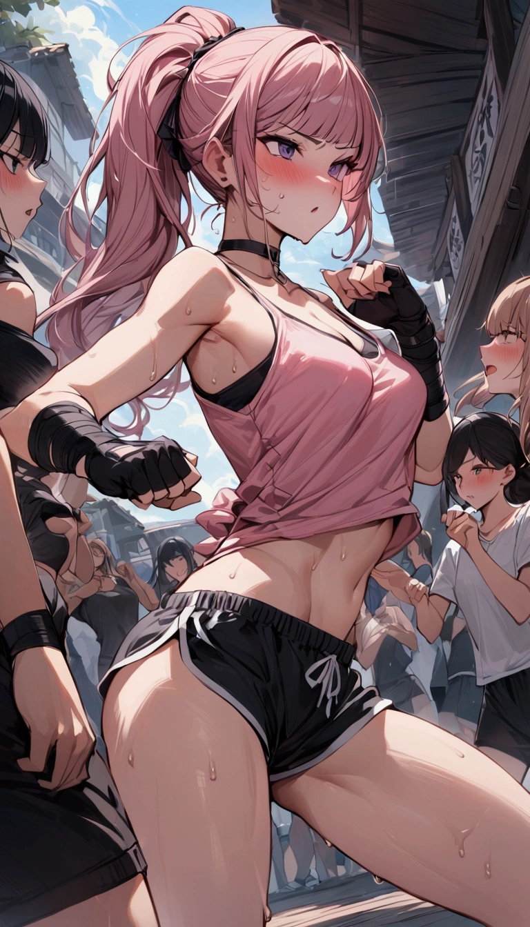 {{masterpiece}}, {{{Highest quality}}},{{Very detailed}}{{female martial artist}},{{Female fighters are sparring in the ring and struggling.}},{{}},solo,1girl, {{Very slim legs:1.2}},slim body,{{}},{{}},Mature Women,Dynamic composition、Dutch Angle,from side,Focus on thighs,,v-shaped eyebrows.profound,Bad mood,blush,Sweat,{{clavicle:1.4}},{{}},,choker,,,,black fingerless gloves,dolphin shorts,　Pink camisole,　long hair,ponytail　Blunt bangs,high-cut sneakers,On the ring,Small crowd outside the ring,Small outdoor martial arts events