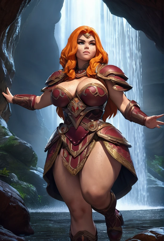 Close up of Dwarven woman, orange wavey hair, maroon armor with gold trim, heavy armor, chubby cheeks, green eyes, freckles on cheeks, (freckles on top of breasts), freckles on legs. She is heavy  set with a curvy figure and an ample bosom and wide hips. underground, large cavern, carved stone walls, underground waterfall, underground, interior. Show her walking with her hands on her hips. super high quality, super high detail, masterpiece, 4k, 8k, HDR, masters of the universe, vibrant colors, dark shadows, dim lighting, 3DMM. Ensure her face is highly detailed 
