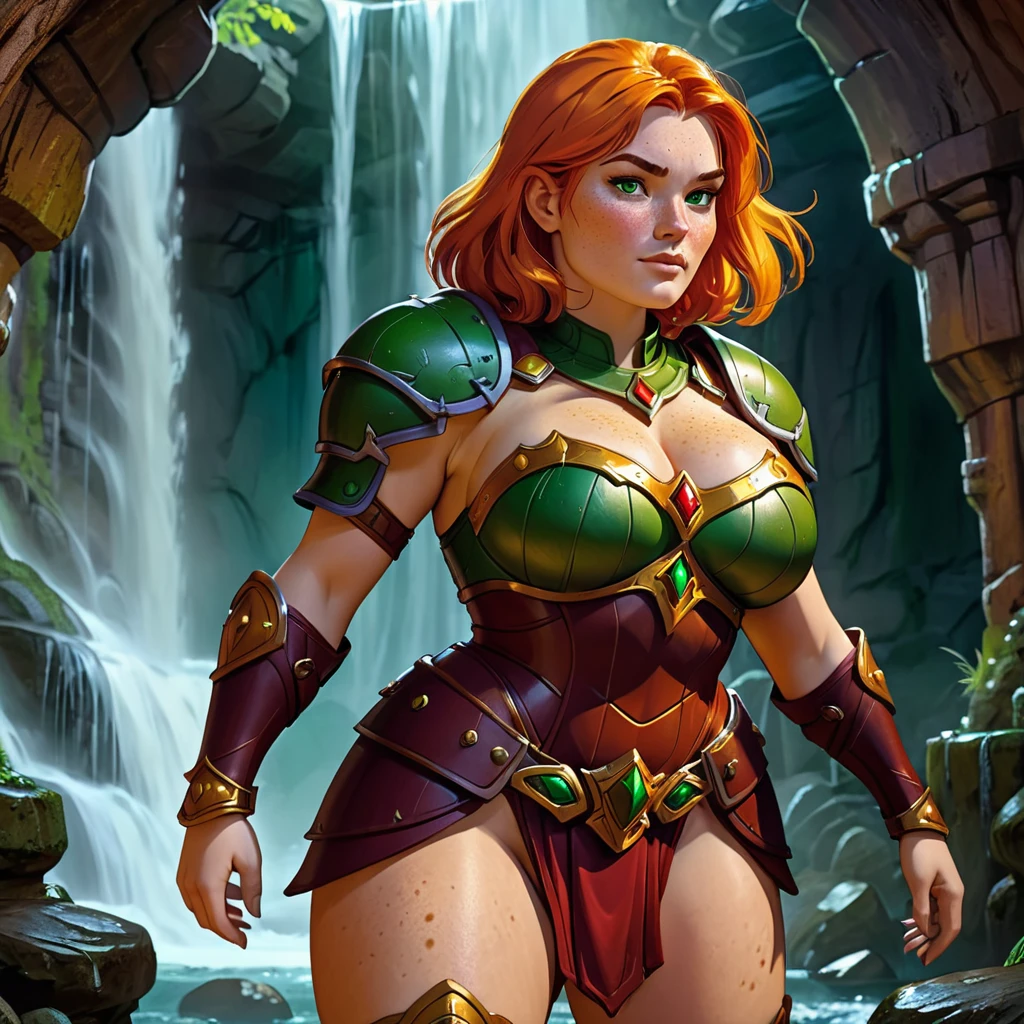 Close up of Dwarven woman, orange hair, maroon armor with gold trim, heavy armor, chubby cheeks, green eyes, freckles on cheeks, (freckles on top of breasts), freckles on legs. She is heavy  set with a curvy figure and an ample bosom and wide hips. underground, large cavern, carved stone walls, underground waterfall, underground, interior. Show her walking with her hands on her hips. super high quality, super high detail, masterpiece, 4k, 8k, HDR, masters of the universe, vibrant colors, dark shadows, dim lighting, 3DMM. Ensure her face is highly detailed 
