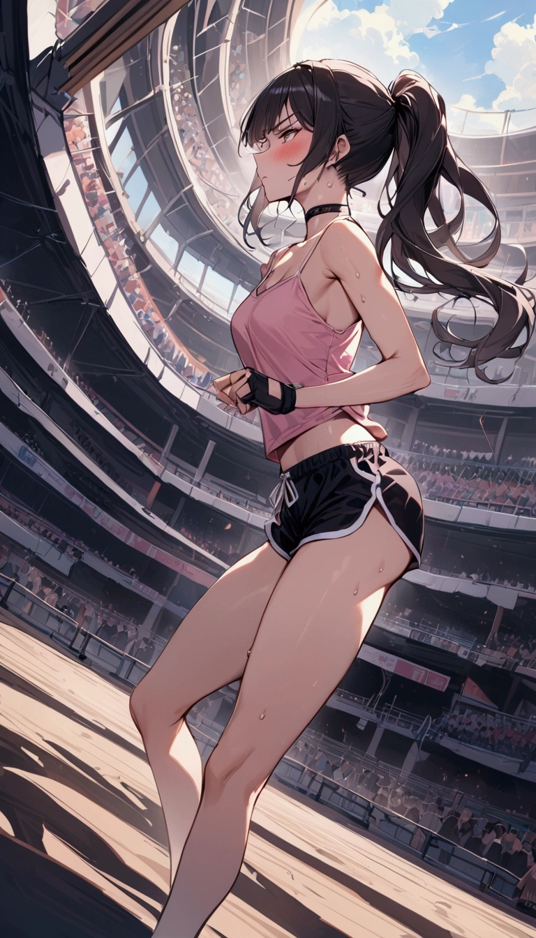{{masterpiece}}, {{{Highest quality}}},{{Very detailed}}{{female martial artist}},{{Female fighters are sparring in the ring and struggling.}},{{}},solo,1girl, {{Very slim legs:1.2}},slim body,{{}},{{}},Mature Women,Dynamic composition、Dutch Angle,from side,Focus on thighs,,v-shaped eyebrows.profound,Bad mood,blush,Sweat,{{clavicle:1.4}},{{}},,choker,,,,black fingerless gloves,dolphin shorts,　Pink camisole,　long hair,ponytail　Blunt bangs,high-cut sneakers,On the ring,Small crowd outside the ring,Small outdoor martial arts events