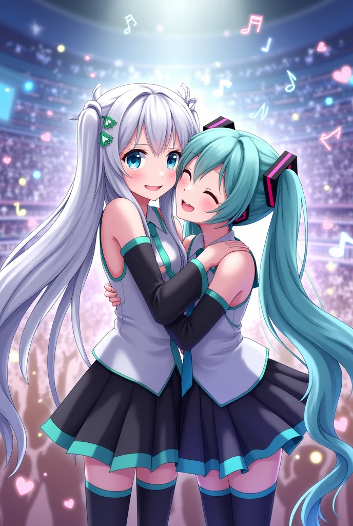 Yoizaki Kanade is、Has a mature personality、She is always cute and brightens up the people around her。She loves music、She is also blessed with singing talent。Also、Her hair color is、In silver color、Hairstyle、Long Hair、Eyes、She has light blue, round eyes。Now what's next、Hatsune Miku、Hatsune Mikuの髪は長く、With blue-green twin tails、Please draw them hugging, smiling and cute.
