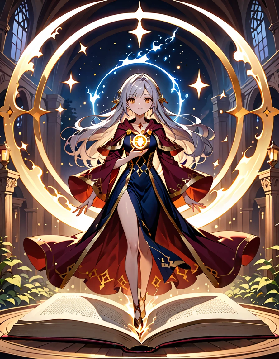 (((masterpiece, best quality, high detailed, 16k))) (1girl) A powerful sorceress with long, cascading hair that transitions from deep midnight blue to bright silver at the tips. Her sharp, golden eyes gleam with intelligence, and she is adorned in robes of rich burgundy and black, decorated with ancient arcane symbols. In her hand, she holds a large, open book filled with glowing spells. ((full body view))