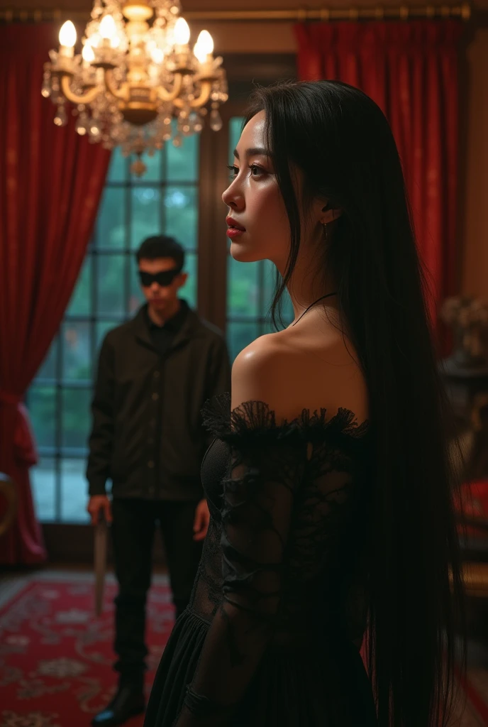 Chinese, very cute beautiful woman, killer stuck a knife in his throat of a boy blindfold bloody in n eck sadism, luxury house