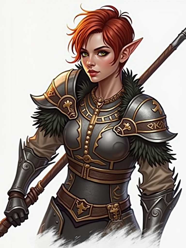 18-year-old elf woman, stark, Short red hair, wearing steel armor, holding a warhammer, best qualityer, high fantasy.