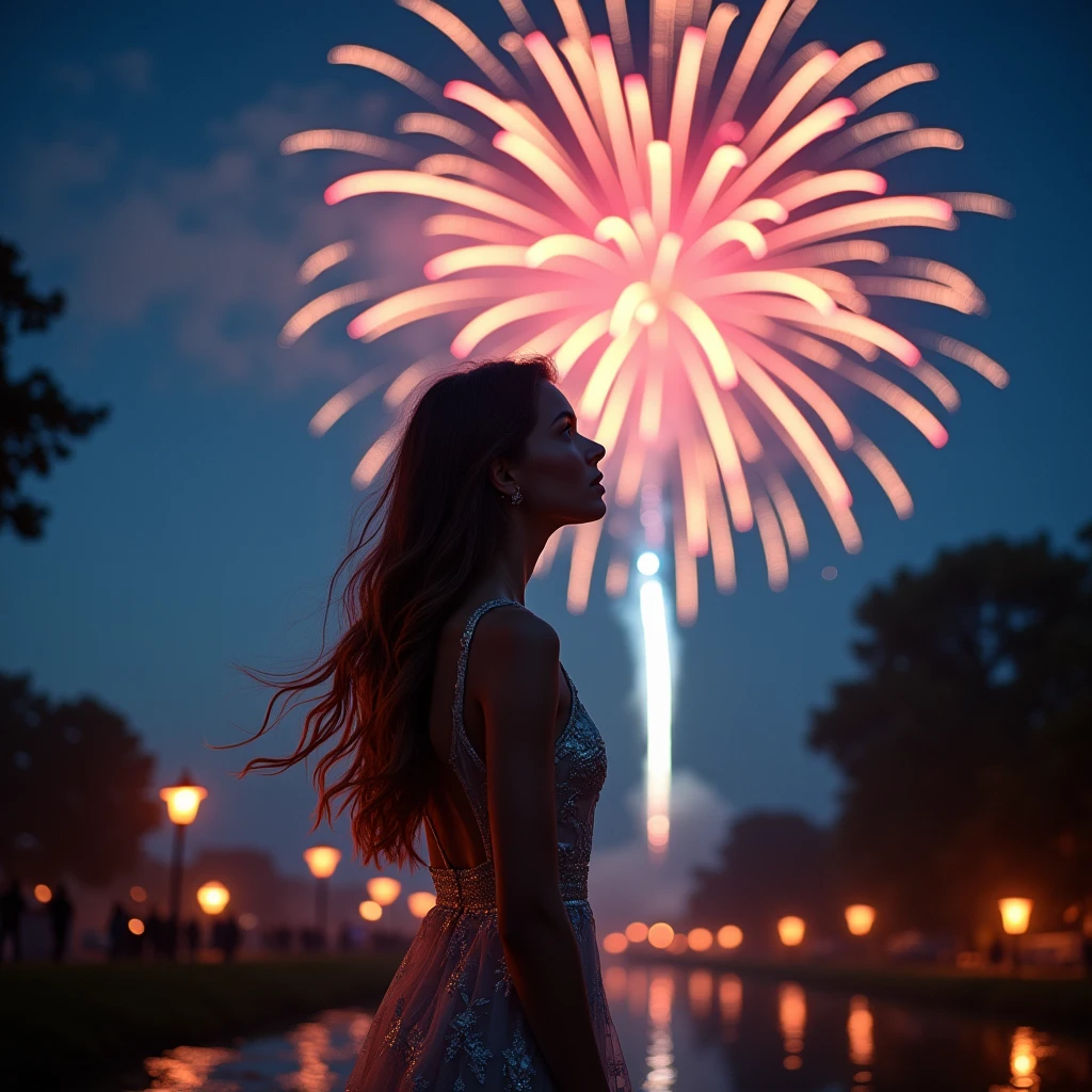 Many fireworks in eyes of young lady at night