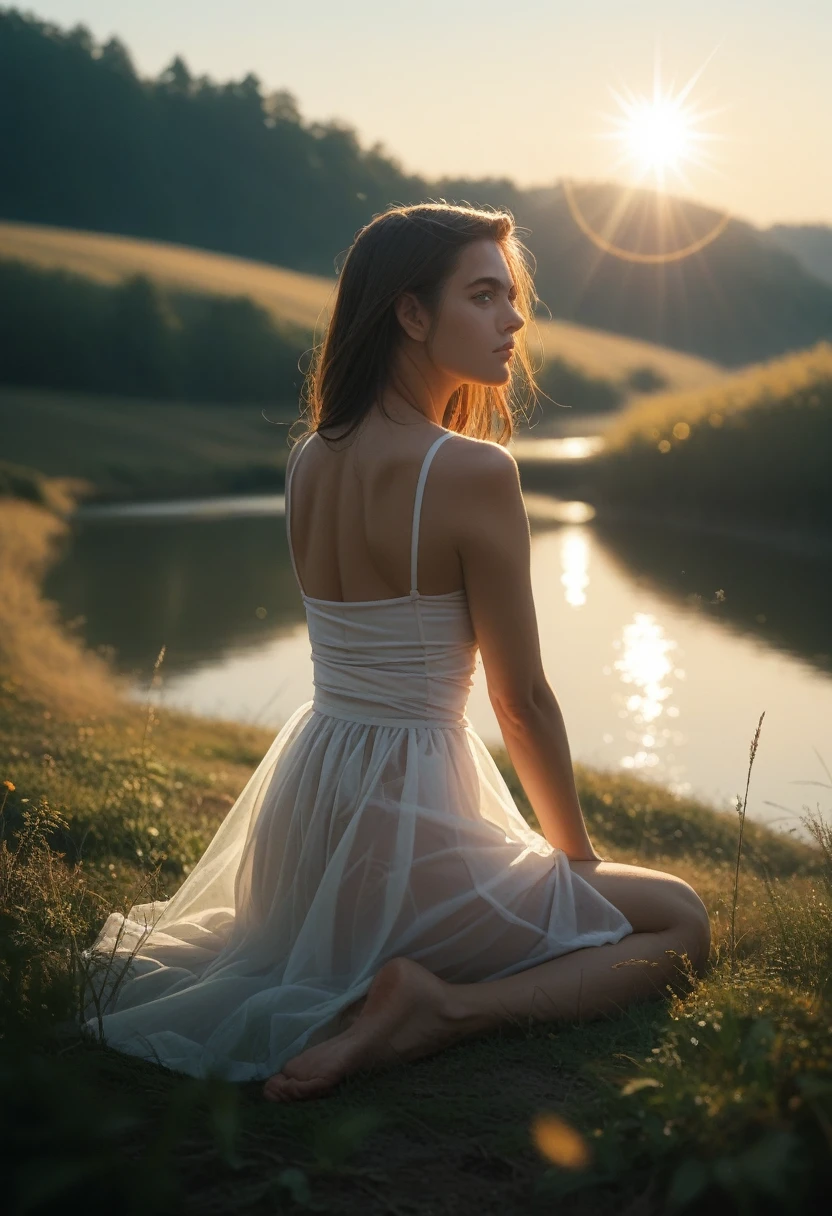 Portrait of a beautiful woman sitting with a very short, transparent skirt revealing her crotch in a windy, bright field., river, (backlighting), realist, masterpiece, of the highest quality, Lens flare, shadow, bloom, [[chromatic aberration]], by Jeremy Lipking, by Antonio J. Manzanedo, Digital paint, Estilo-GlassFinal, Natural skin texture