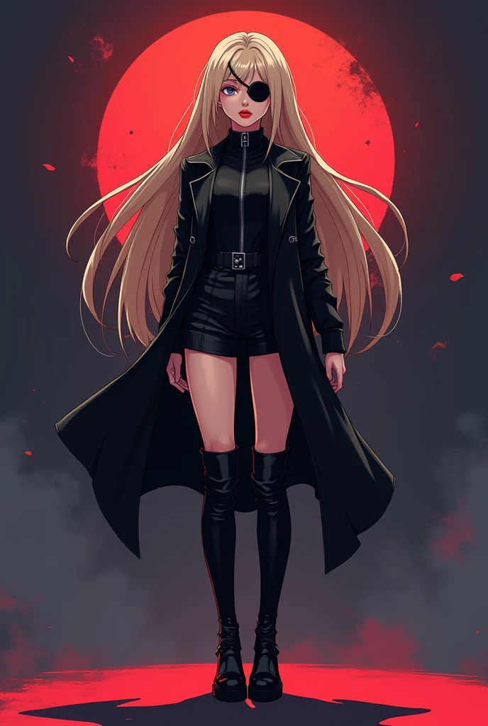 my hero academia girl long blonde hair big red eyes serious look black shirt with a skull headphones on black leather pants and long boots