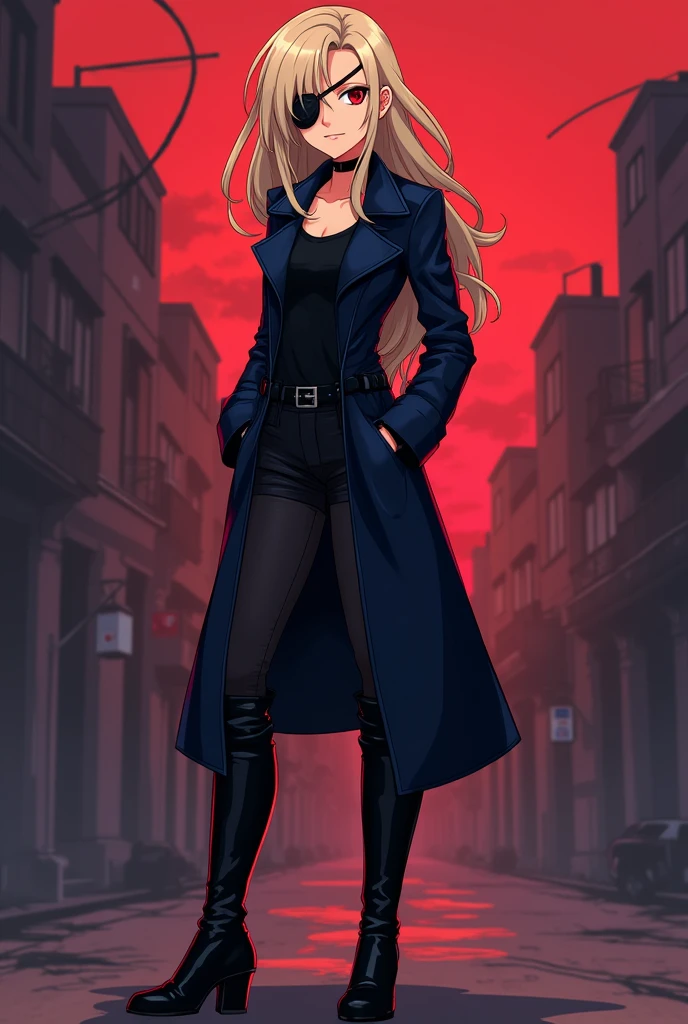 Cartoon image of a woman wearing a black coat and boots with a zipper closed, Vector art by Ei-Q, Pixiv, What it is?, full_body!!, !!full body portrait!!, full body!!, Anime Moe Art Style, Gap Moe Yandere Grimdark, full body!, anime vtuber full body model Beige hair with an eyepatch