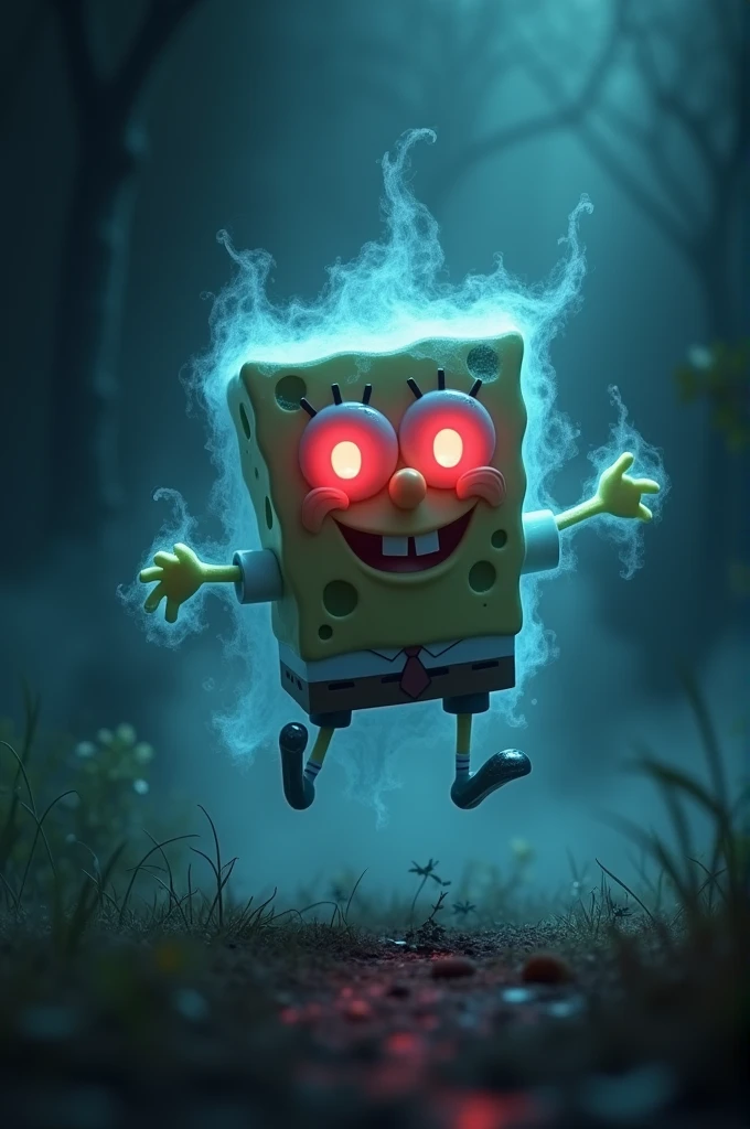 An animated character resembling SpongeBob SquarePants, but with a ghostly appearance. The character is semi-transparent, floating slightly above the ground, with a spooky yet comical expression. The body is slightly faded, with wavy, ethereal outlines. The character has glowing, hollow eyes that emit a red light, enhancing the eerie and haunting look. The overall atmosphere is eerie yet retains a playful cartoonish style.