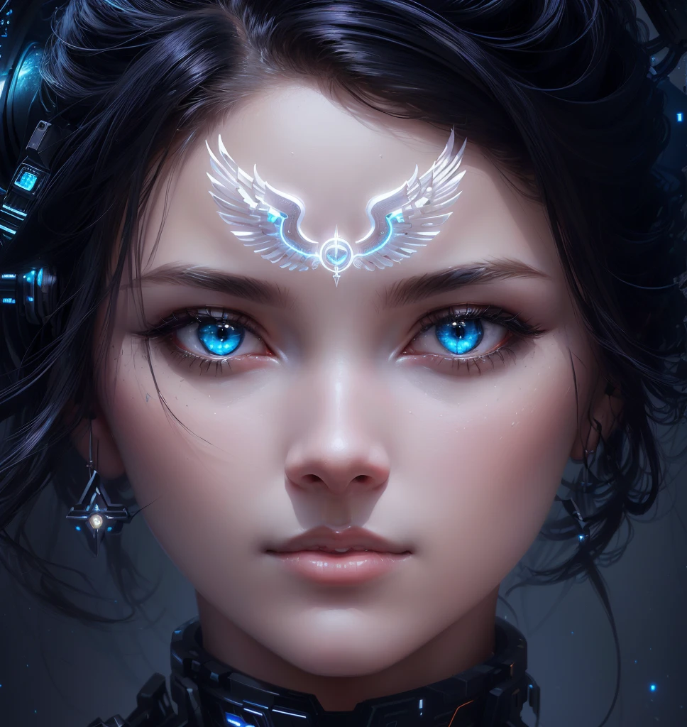 She has an angel with white wings depicted on her face., beautiful cyborg angel girl, digital fantasy portrait, beautiful fantasy portrait, fantasy portrait, beautiful fantasy portrait, fantasy portrait, portrait of a beautiful sci-fi girl, digital fantasy art ), Beautiful cyborg priestess, fantasy concept art portrait, digital fantasy art, fantasy portrait art, detailed fantasy digital art