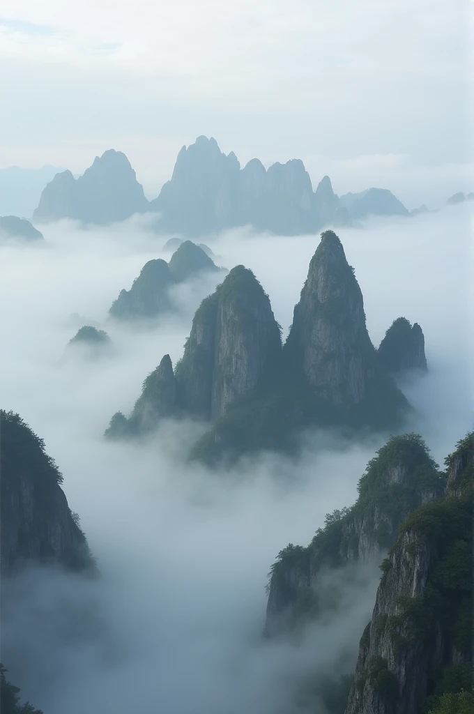 Many small mountains and thick fog
