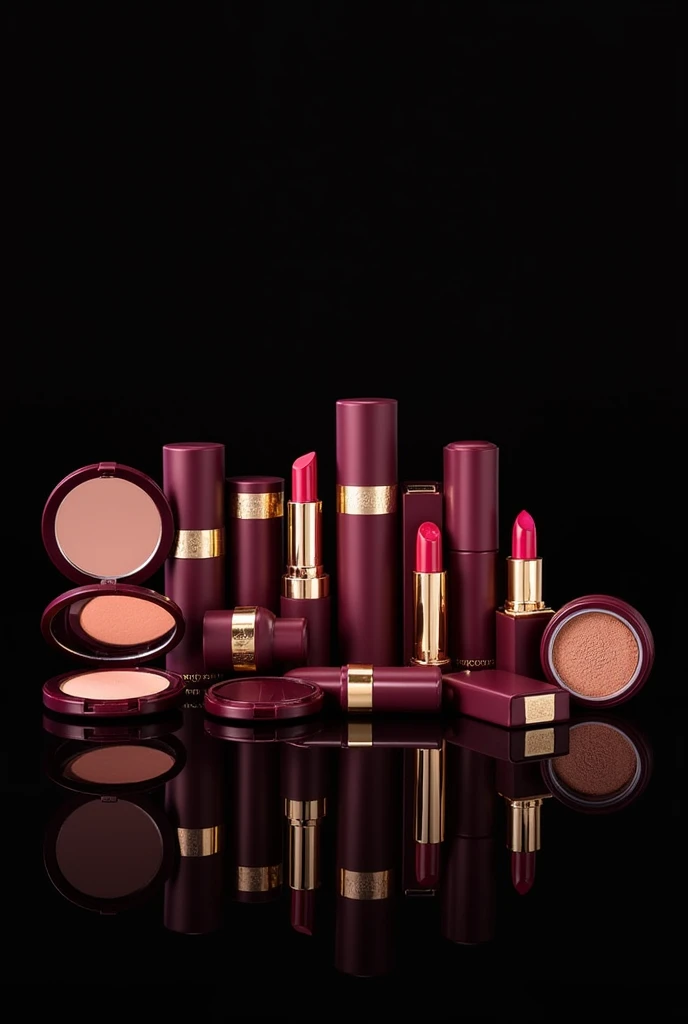 variety of makeup products with maroon matte packaging and gold accents no brand name black background
