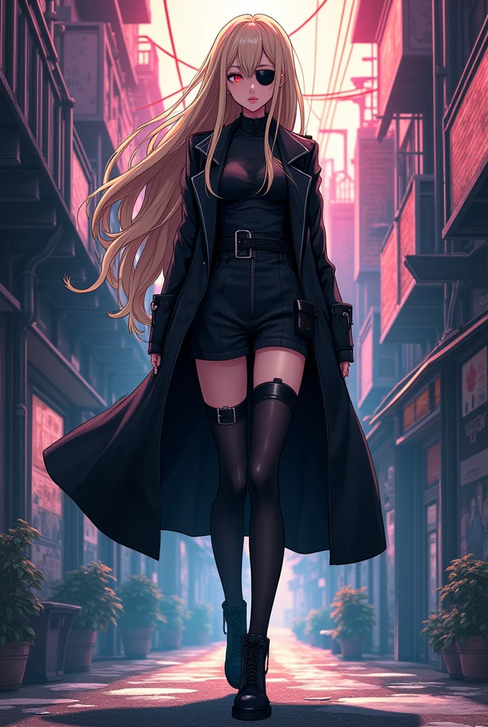 a cartoon image of a woman in a black coat and boots, vector art by Ei-Q, pixiv, shin hanga, full_body!!, !!full body portrait!!, full body!!, anime moe artstyle, gapmoe yandere grimdark, full body!, anime vtuber full body model beige hair with an eyepatch