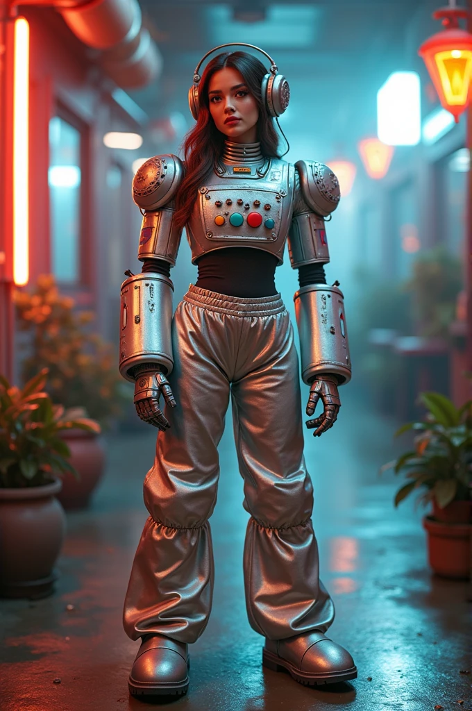 Human woman dressed in a classic robot costume, i.e. wide baggy robot pants and exaggeratedly large wide arms and silver Full body with big and silver robot shoes Standing showing all the robot suit And with robot gloves And the chest completely covered and Square like a robot With buttons on the chest, ALL THE BODY IS COVERED LIKE A CLASSIC ROBOT