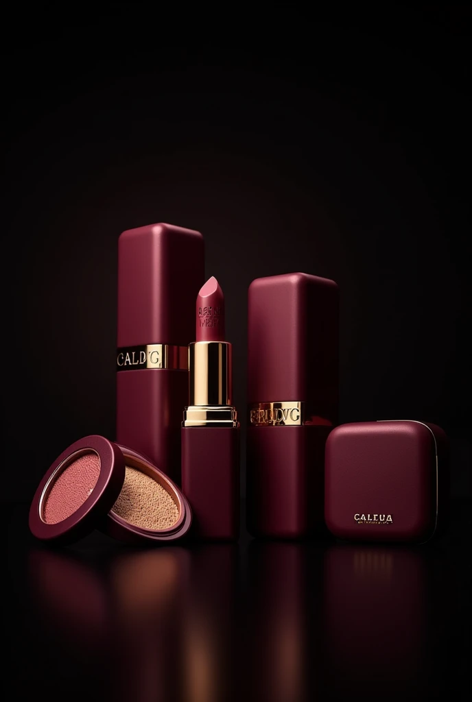 some makeup products with maroon matte packaging and gold accents no brand name black background