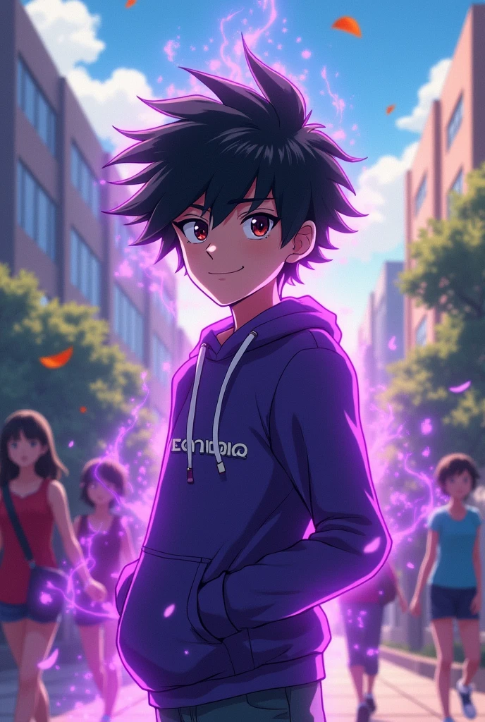 17-year-old boy with annoying black hair and a purple aura with the My Hero Academia design.
