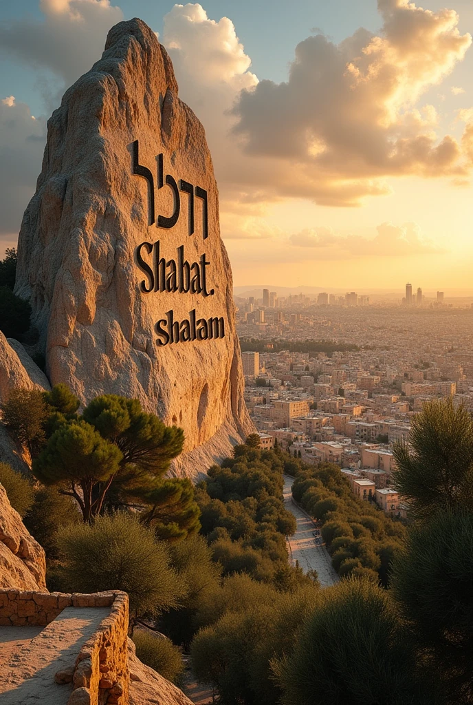 A view of Jerusalem with the following text engraved on a mountain : Shabbat shalom
