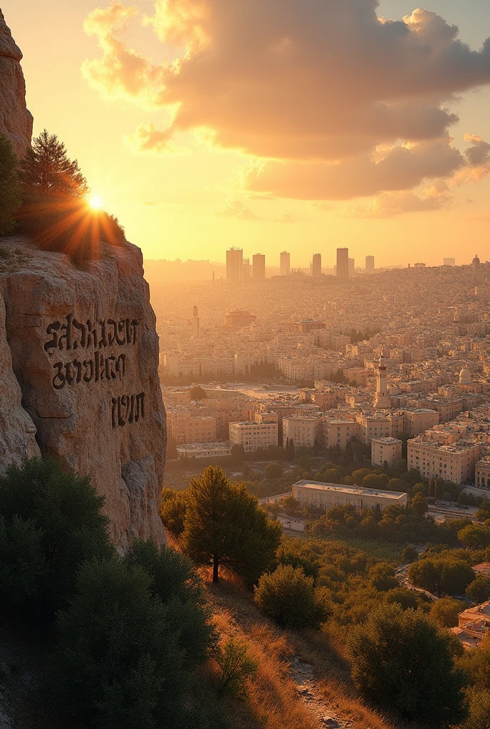 A view of Jerusalem with the following text engraved on a mountain : Shabbat shalom