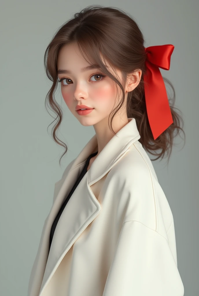 29 years old, light brown hair , White skin, realist, with long hair tied up in a red ribbon, light brown eyes , white coat 8k image, realist human skin, Real image,