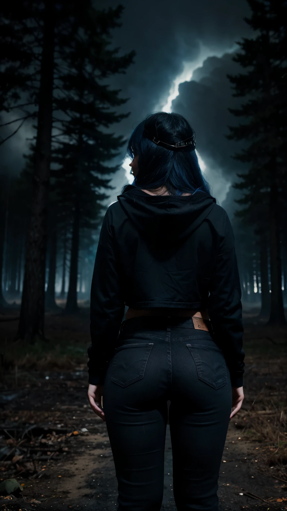 (dark fantasy book cover) (masterpiece), a cover dark fantasy book artwork of a silhouette of a young girl with a regular body ( hot chubby but not so fat ) showing her body on the shadows of a stormy cloudy night sky and a dark forest background, she´s turning back from the camera having her face hidden by her hair who is blue colored on his edges, she is wearing long black loose jeans, she has a long slim black hair with blue light corners right on the edge of her hair, she is wearing a long hoodie without wearing the cap, shes is wearing black jeans and the ground around her is on flames being the only lighting element of the artwork, a circle of flames is surrouding her on the ground