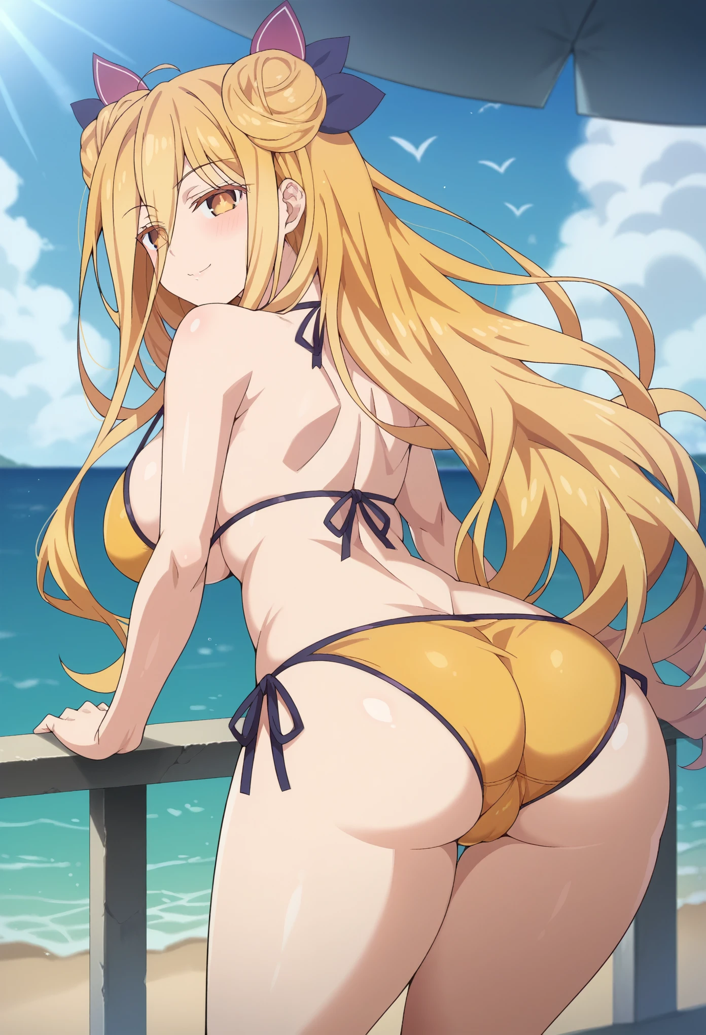 Score_9, Score_8_up, Score_7_up, ASCII masterpiece, source_anime, BREAK, 1girl, solo, mukurohoshimiya, mukuro hoshimiya, long hair, blonde hair, hair between eyes , yellow eyes, double bun, blush, slim waist, wide hips, thick thighs, large breasts, yellow bikini, side tie bikini bottoms, front tie bikini top,
big breasts, naughty face, skin dent, side boob, rear shot, fat ass, from behind, bent over, looking back, outdoors, ocean, beach, sunlight, in_(ain), otoko no ko,