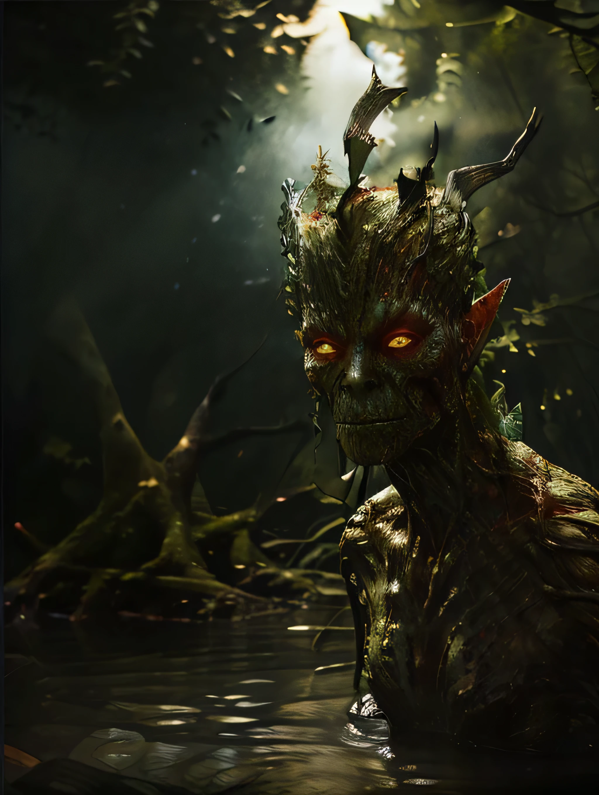 A green woman with orange eyes looking down sadly ,wearing a witch queen crown,with half of its body in the water of a swampy lake, A strange-looking woman's body with tree roots in a dark swamp,
Green reptilian body, elf ears,
 (Fotorrealisitic), (High 4K resolution, 8k) High Definition Painting, (sharp focus, realisitic), 