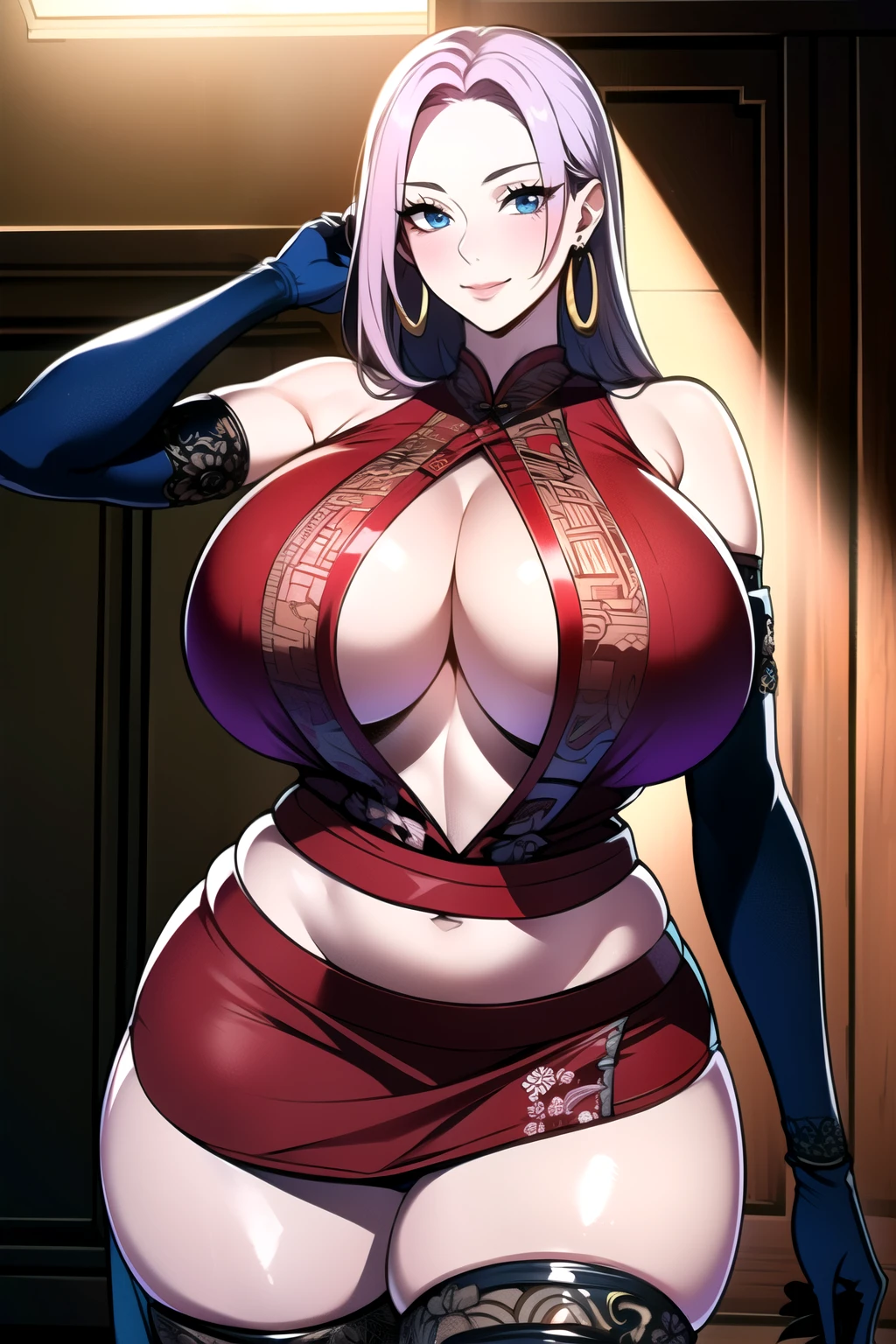 ultra realistic 8k cg, masterpiece, ((ultra detailed background, intricate detail, highly detailed, fine details best quality, hyperdetailed face)), gigantic breasts ,beautiful lighting, absurdres, BoaHancockV2, 1girl, solo, (light violet hair), long hair, jewelry, closed mouth, ), cleavage, (chinese dress : 1.1), (underboob : 1.4), elbow gloves, thigh boots, miniskirt, bare shoulders,, bare shoulders, curvy, midriff, curvy, thighs, shiny clothes), blue eyes, complex detailed background, indoor, palace), ((cowboy shot)), curvy, (gigantic breasts: 1.1), seductive smile, cowboy shot, earrings, jewelry
