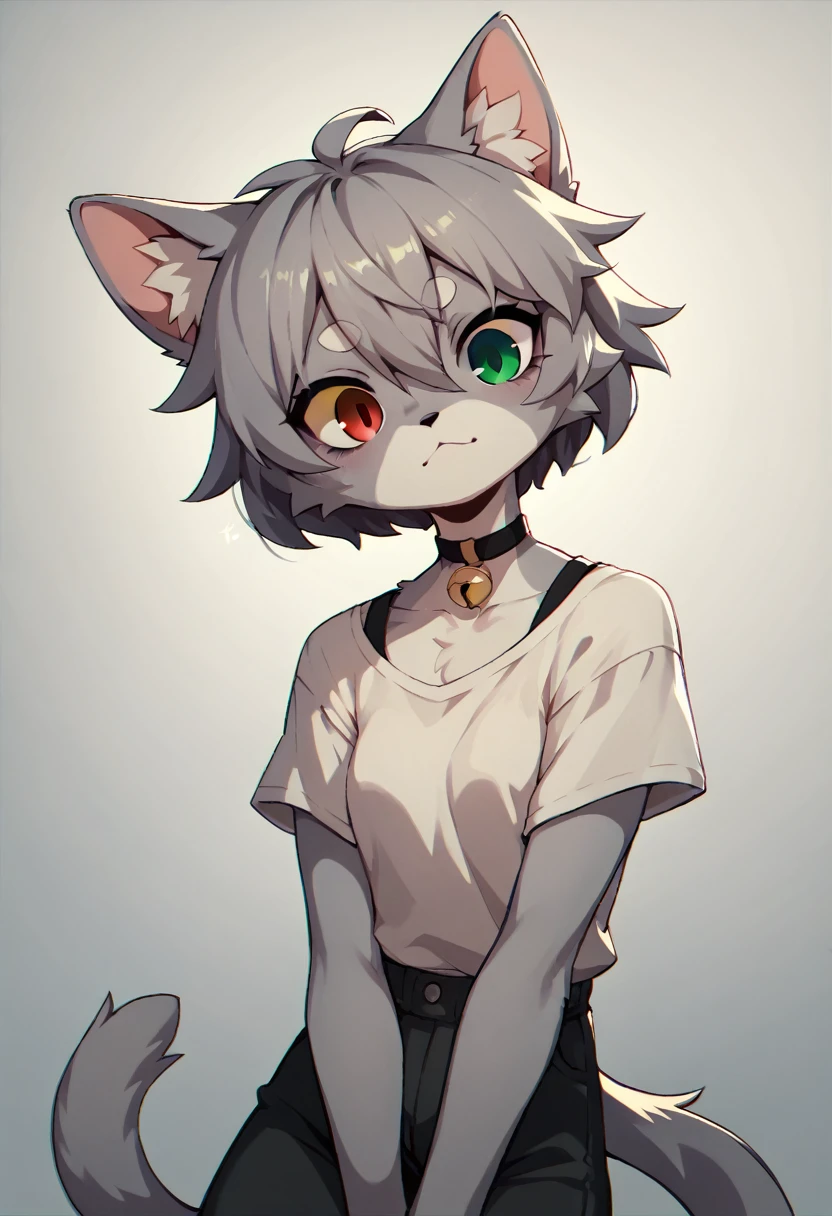 skinny cat girl, with a gray two tone fur, girl has heterochromia one eye is green and the other is yellow,
