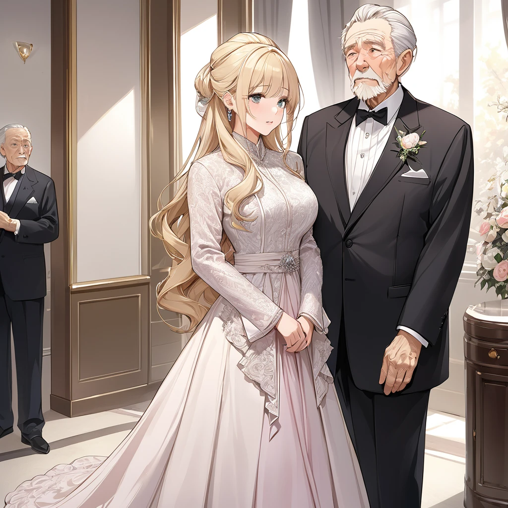 ((Highest quality)), ((masterpiece)), (detailed), (Perfect Face)、The woman is in a luxurious formal dress with blonde, semi-long hair, wearing an engagement ring in Beltiule.、The woman is in formal attire, standing beside an elderly man.、The woman is dressed formally, standing beside her elderly husband as his wife.、The old man is wearing an engagement ring