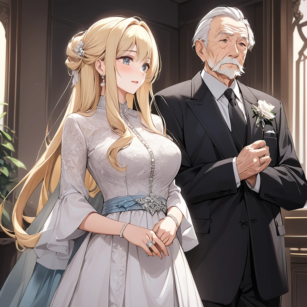 ((Highest quality)), ((masterpiece)), (detailed), (Perfect Face)、The woman is in a luxurious formal dress with blonde, semi-long hair, wearing an engagement ring in Beltiule.、The woman is in formal attire, standing beside an elderly man.、The woman is dressed formally, standing beside her elderly husband as his wife.、The old man is wearing an engagement ring