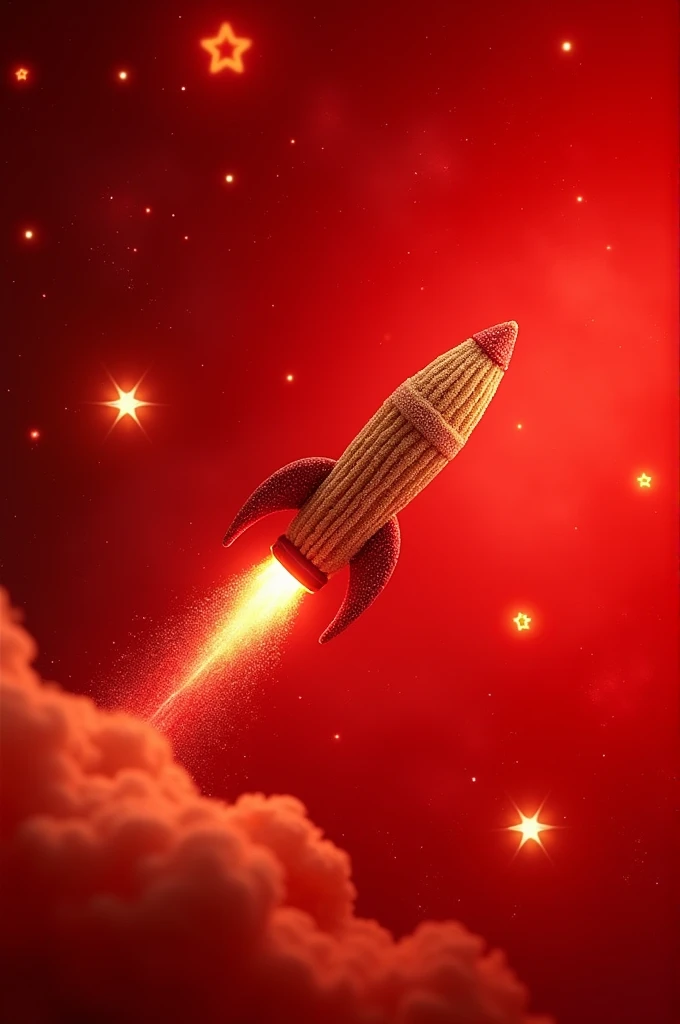 A churro rocket flying in a red universe with pacifier stars