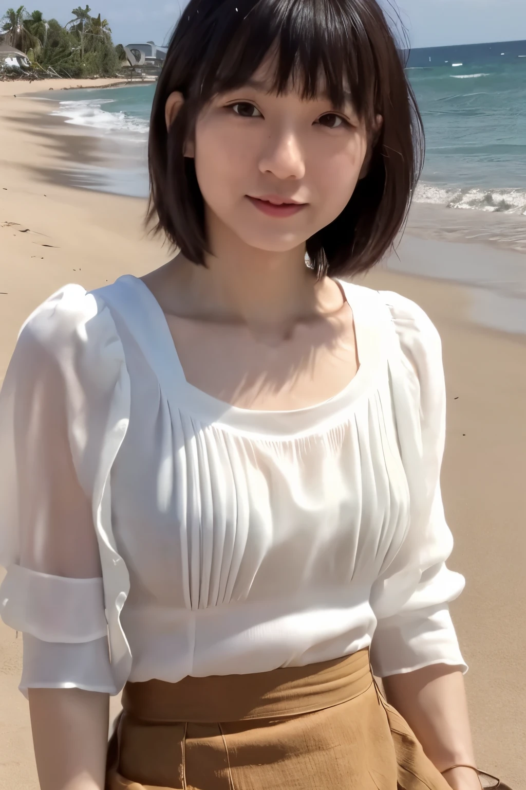 8k, highest quality, masterpiece, pornography, super high resolution, RAW Photos, One Girl, a skinny Japanese woman, 30 years old, thin waist, slender legs, sitting on the beach, a black hair, (wearing a white blouse next to the skin: 1.4), wearing a gray pleated skirt, anatomically correct body, (cute face, detailed face, detailed eyes)