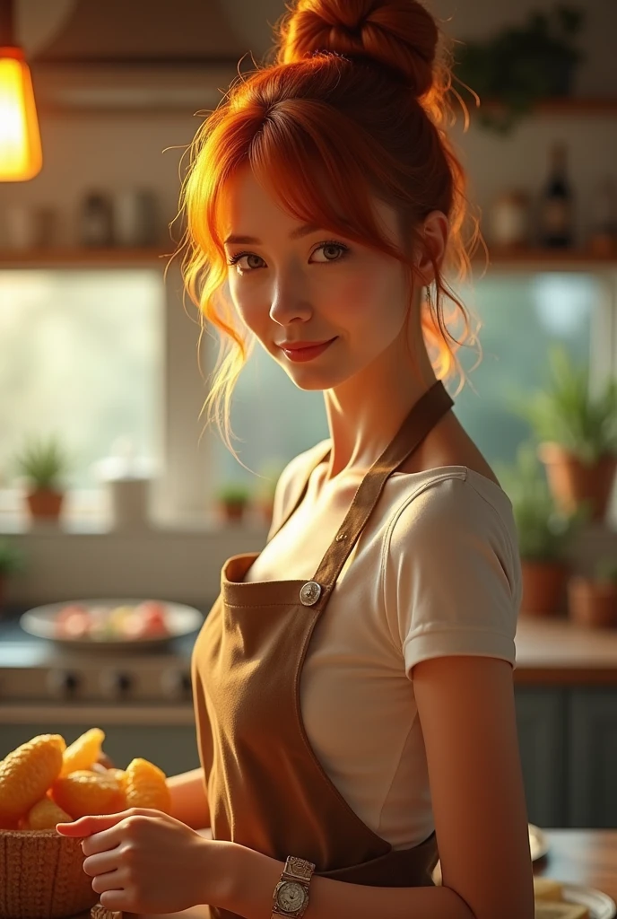 Tabletop, Highest quality, shape, Very detailed, In detail, High resolution, 8k wallpaper, perfection dynamic composition, Beautiful details, Tight Mini,Natural color lip, Randomly sexy poses,kitchen、(40-year-old woman、Short Woman、Model body type)、(一つに纏めたBun Hair)、Bun Hair、Bright orange brown hair、slender、Are thin、Small breasts、(Flat Chest:1.4)、(Small bust size:1.4)、cute、sexy shot looking at camera,apron,perfection, Beautiful and cute face