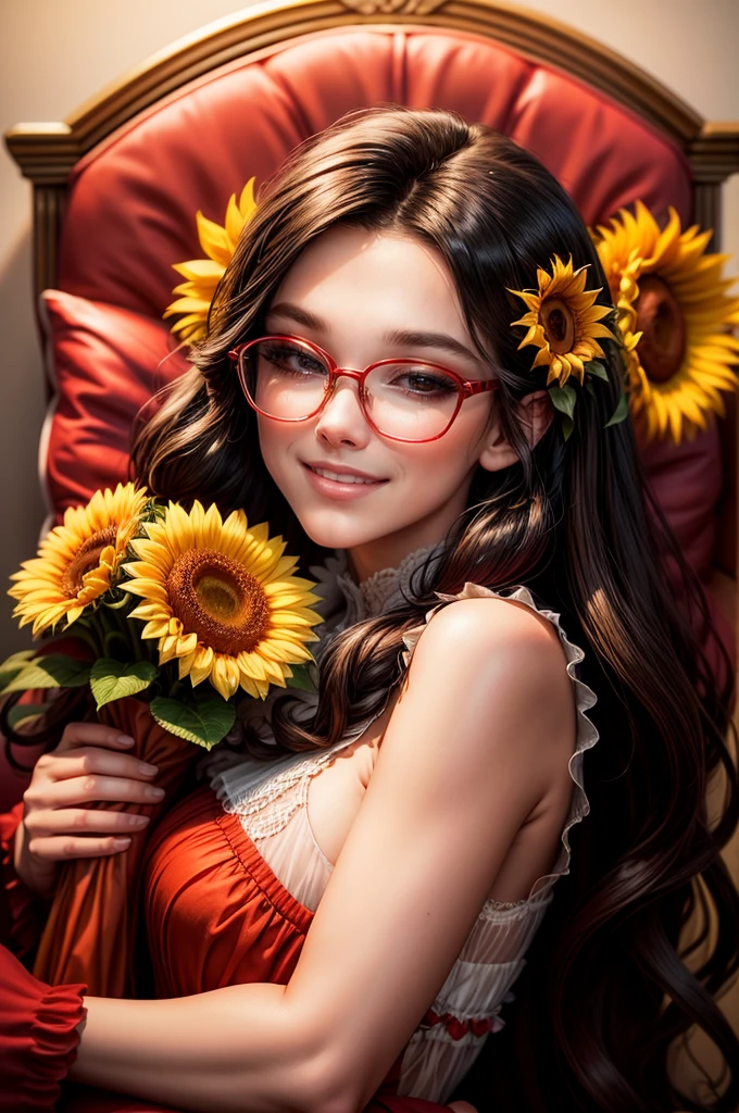 Beautiful girl with glasses, long black hair, bouquet of sunflower and red roses, bright colors, smiling, 8K quality, cinematic focus, closed eyes