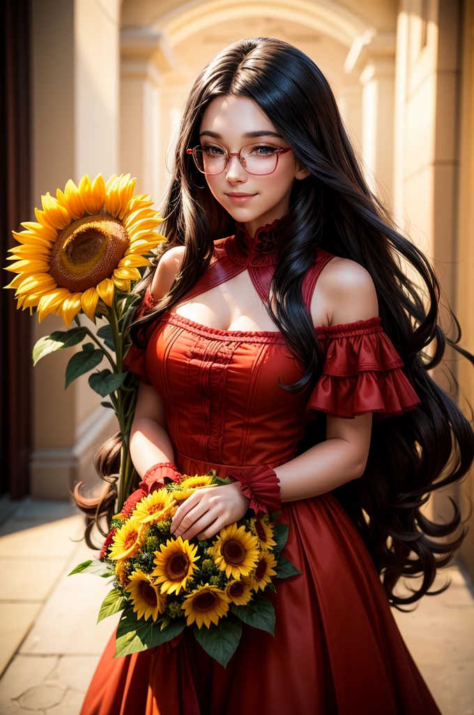 Beautiful girl with glasses, long black hair, bouquet of sunflower and red roses, bright colors, smiling, 8K quality, cinematic focus, closed eyes