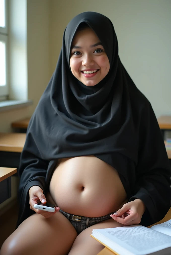 Plump vagina, sweating vagina, Beautiful girl wearing narrow dark hijab malay age girl 18 years old, kelantanese look, cute girl face, smiling, eyes looking at camera, grin, big laugh, nude, naked, naked body, sperm on vagina, no clothes, no clothing, big breasts about to burst out, closeup vagina, closeup view, chubby body, showing vagina, vagina view, plump thigh, realistic skin, view from below, spreading legs on desk, in empty classroom, books on table, hand holding smartphone, day time, sun light, 35mm lens, 8k resolution, high quality, ultra detail