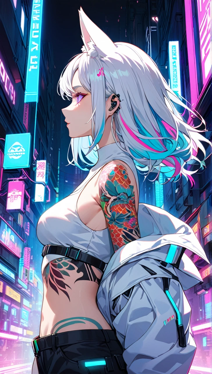 1woman, long white hair with pink and cyan tips,Muticolored hair, fox ears, purple eyes, wearing a white coat, wearing black pants, wearing white undershirt, tattoos on arms, colorful Japanese koi tattoos, showing body, medium breasts, cyberpunk, profile picture perspective, neon, loose hair, waist up perspective