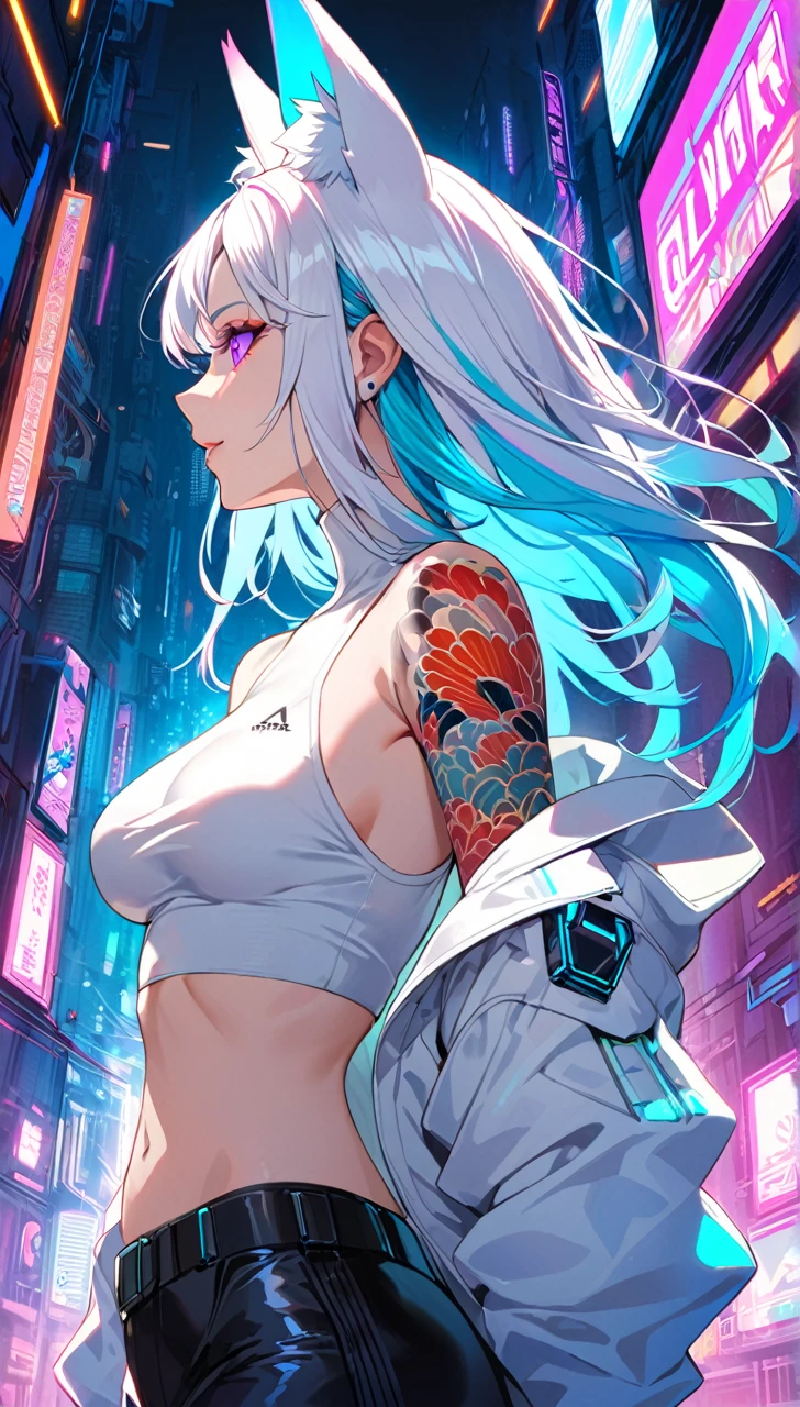 1woman, long white hair with pink and cyan tips,Muticolored hair, fox ears, purple eyes, wearing a white coat, wearing black pants, wearing white undershirt, tattoos on arms, colorful Japanese koi tattoos, showing body, medium breasts, cyberpunk, profile picture perspective, neon, loose hair, waist up perspective