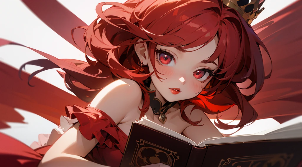 (masterpiece), (Best Quality: 1.0), , demon girl ,fur rose, with a dress (ultra high resolution: 1.0), Detailed illustration, 8k, lively, 1 Little girllively, with a red dress, Crown of flowers, pretty face, detailed face, beautiful eyes, detailed eyes, dark red eyes, Red lips, red lipstick, beautiful and elegant hair, highlights in hair, bright anime style with bangs, Best Quality, Vibrant, red book, dark background.