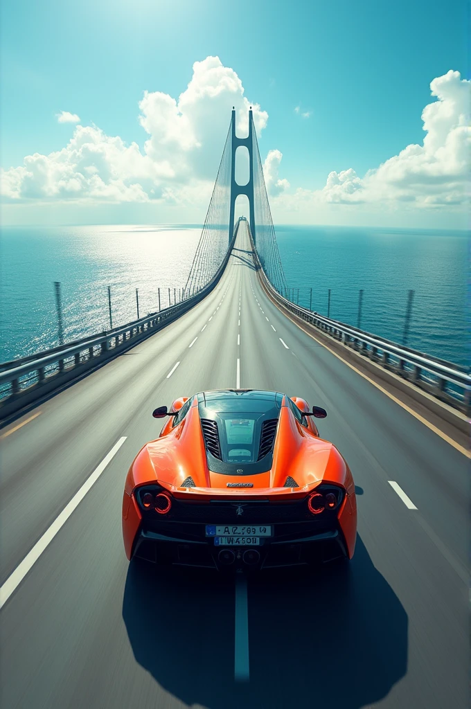 Bridge in ocean, infinity highway, sport car, back pov car, motion blur in asphalt