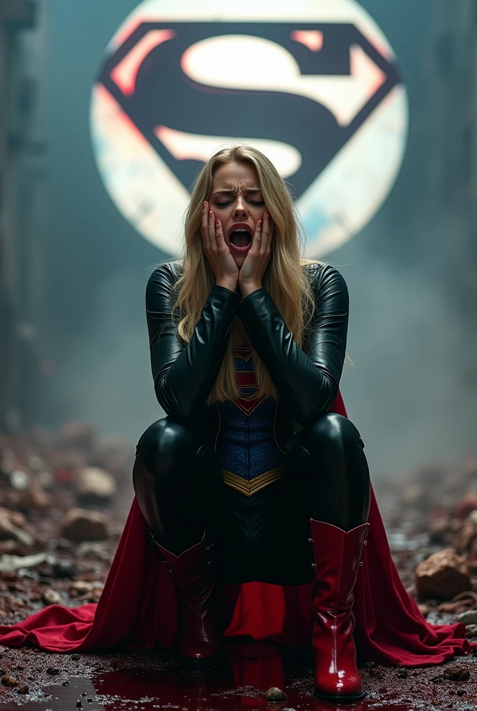 A beautiful woman, Gaia Weiss, under the mantle of the Kryptonian Kara Zor-El, alias Supergirl, with long blonde hair reaching her knees, her hands on her face, screaming in exhaustion after a battle, blood surrounding her, black leather jacket, blue corset, and black leather pants, red high-heeled boots, her reflection in the blood, terrifying and bloody images, DC universe logo.