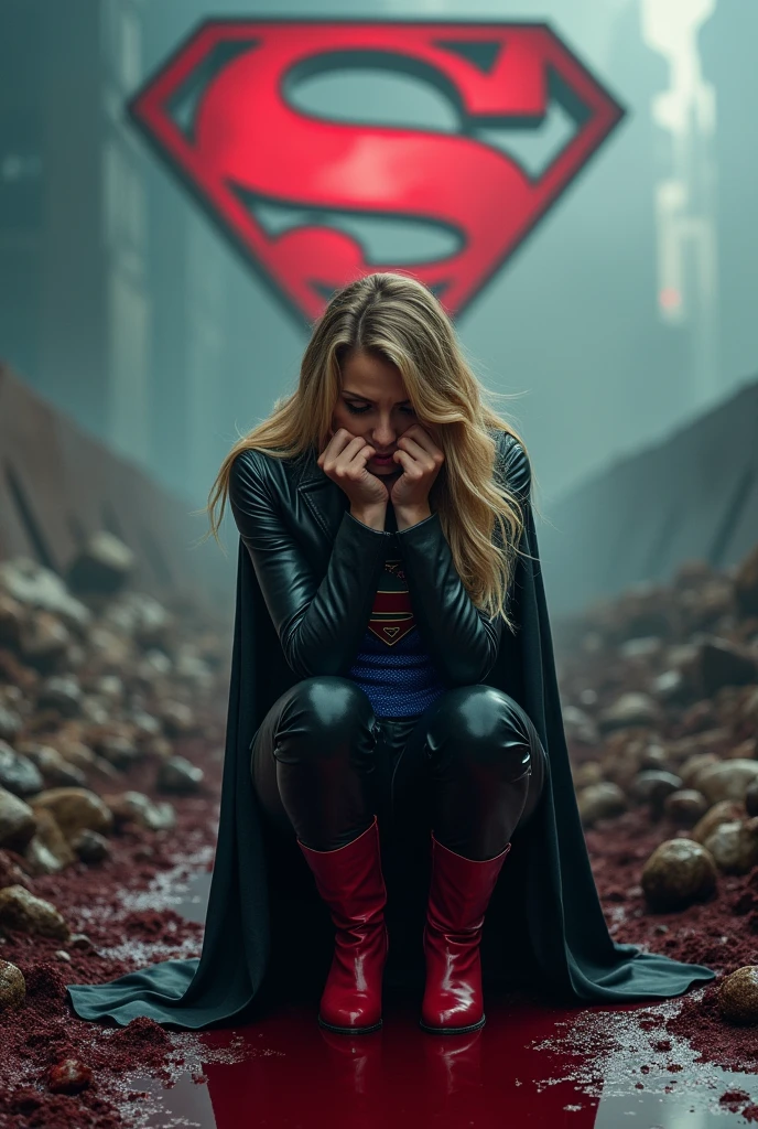 A beautiful woman, Gaia Weiss, under the mantle of the Kryptonian Kara Zor-El, alias Supergirl, with long blonde hair reaching her knees, her hands on her face, screaming in exhaustion after a battle, blood surrounding her, black leather jacket, blue corset, and black leather pants, red high-heeled boots, her reflection in the blood, terrifying and bloody images, DC universe logo.