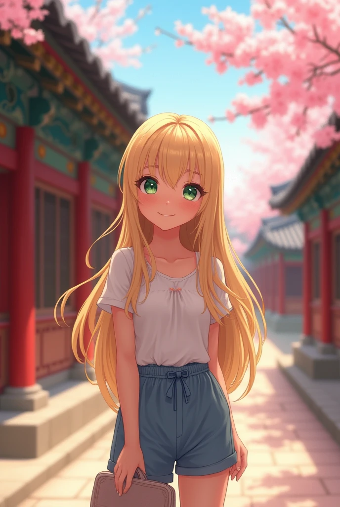 A realistic anime Brazilian woman in Korea, with white skin, green eyes, a thin nose, long straight hair with soft waves, blonde with light highlights, a gentle smile, delicate and happy.