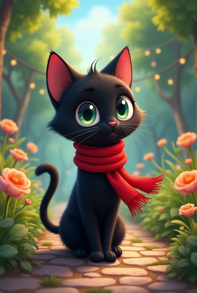 Make me a black anime and Disney style cat with a red scarf around its neck