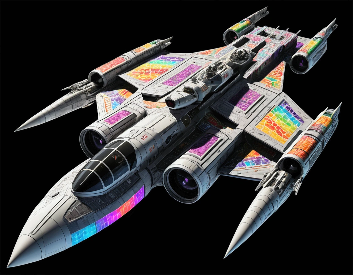 An full image of a giant heavily armored futuristic flying all terrain mothership, covered in rainbow batik pattern and glowing javanese runic symbols, automatic turrets, missile banks, missile defense system, multi-port rear engine arrays, large pivoted missile pods, anti-air batteries, reactive armour over vital spaces, VTOL thrusters, ventral ground-facing VTOL thruster bays, retractable center cannon
