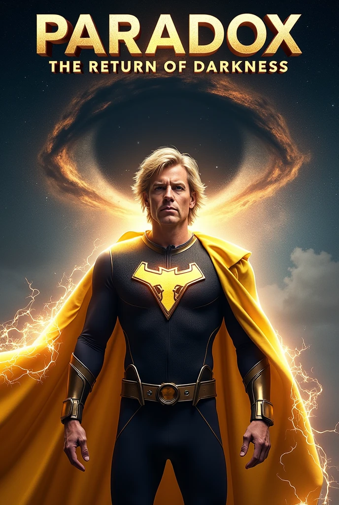 Make a movie poster, make a blonde man with medium hair wearing black and gold superhero attire, with a golden cape with electric powers , , make a movie poster that says paradox the return of darkness, and that the sky be galaxy style and that there be a big alien eye of black smoke