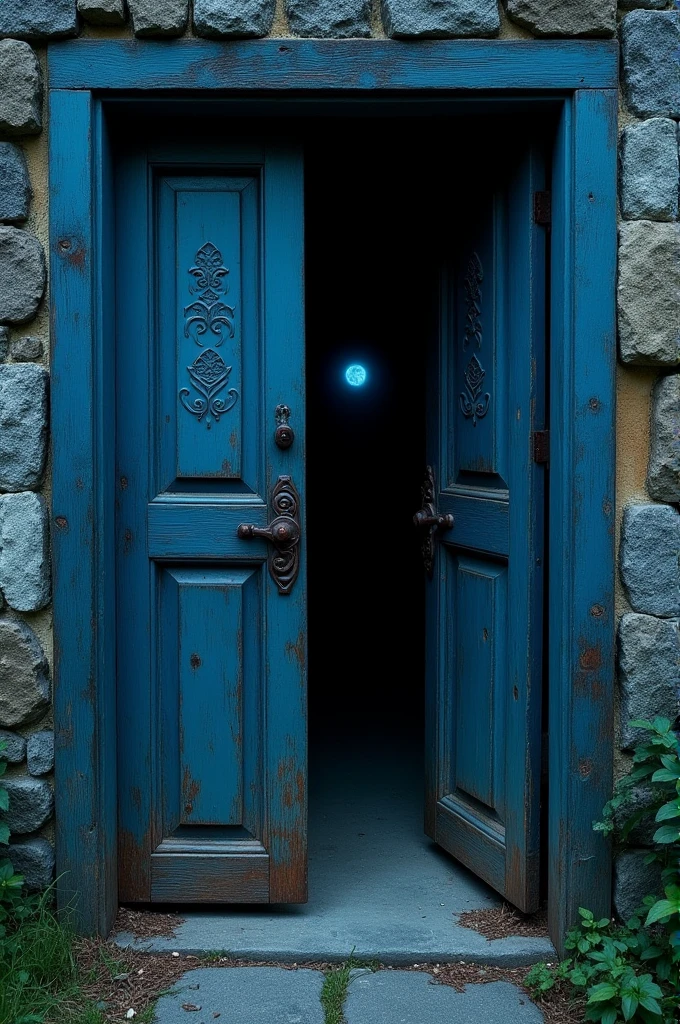 A deep blue door stands ajar, revealing a dark, cave-like space beyond. The interior is shadowy and mysterious, with faint, ominous shapes barely visible in the darkness. The door itself is old and heavy, as if it has not been opened in years.