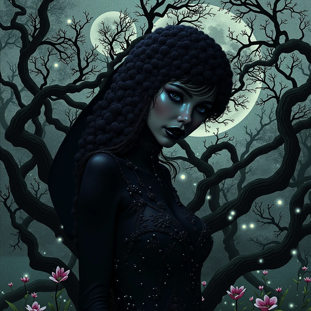 Create an image of a beautiful, evil fairy
with sharp features and glowing pale
skin, radiating a blend of seductive allure and
danger. Her dark, long wet wavy hair cascades
down her back as her erotic gaze with
mesmerizing, malevolent eyes. She
wears sexy, transparent stockings with
intricate lace details, paired with a
form-fitting corset that reveals her
cleavage.
In a seductive pose, she holds her
breasts with one hand while running the
other through her hair. The setting is a
mystical, moonlit forest with twisted
ancient trees and faint, glowing orbs,
creating an eerie, magical atmosphere
The ground is covered in vibrant,
glowing flowers, adding contrast to the
dark surroundings. The lighting is dramatic, with cool
moonlight highlighting her figure and
warm accents creating deep shadows
and highlights. A rich color palette of
purples, blues, and blacks, with warm
glows from her eyes and the flowers
enhances the scene's dark beauty
The camera angle is slightly low,
focusing on her from the waist up to
emphasize her seductive pose and the
intricate details of her sexy erotic outfit. A shallow
depth of field blurs the background,
drawing attention to her. Subtle magical
elements, like glowing energy wisps and
moving flowers, add life to the scene
The mood is dark, mysterious, and
seductive, blending gothic elegance
with fantasy allure, inviting the viewer
into her enchanting yet dangerous
world. In h.r giger style 