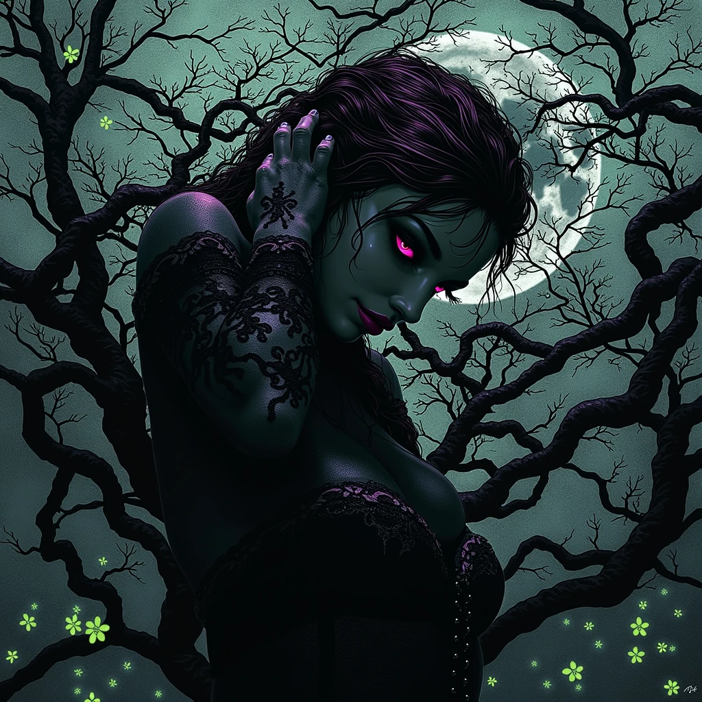 Create an image of a beautiful, evil fairy
with sharp features and glowing pale
skin, radiating a blend of seductive allure and
danger. Her dark, long wet wavy hair cascades
down her back as her erotic gaze with
mesmerizing, malevolent eyes. She
wears sexy, transparent stockings with
intricate lace details, paired with a
form-fitting corset that reveals her
cleavage.
In a seductive pose, she holds her
breasts with one hand while running the
other through her hair. The setting is a
mystical, moonlit forest with twisted
ancient trees and faint, glowing orbs,
creating an eerie, magical atmosphere
The ground is covered in vibrant,
glowing flowers, adding contrast to the
dark surroundings. The lighting is dramatic, with cool
moonlight highlighting her figure and
warm accents creating deep shadows
and highlights. A rich color palette of
purples, blues, and blacks, with warm
glows from her eyes and the flowers
enhances the scene's dark beauty
The camera angle is slightly low,
focusing on her from the waist up to
emphasize her seductive pose and the
intricate details of her sexy erotic outfit. A shallow
depth of field blurs the background,
drawing attention to her. Subtle magical
elements, like glowing energy wisps and
moving flowers, add life to the scene
The mood is dark, mysterious, and
seductive, blending gothic elegance
with fantasy allure, inviting the viewer
into her enchanting yet dangerous
world. In h.r giger style